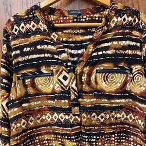 Notations brown and black tribal print v neck tunic top